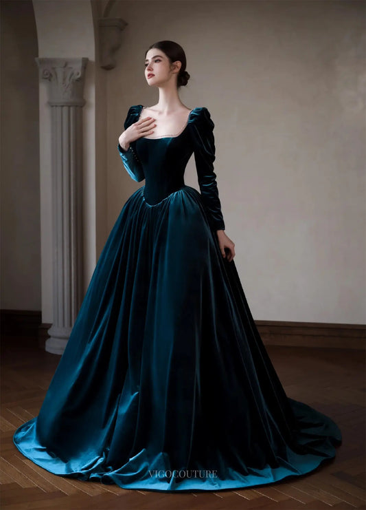 Prom Dresses 2025 to impress Nocturna - Teal Velvet Formal Gown with Long Sleeve-vigocouture-Teal Blue-Custom Size-vigocouture