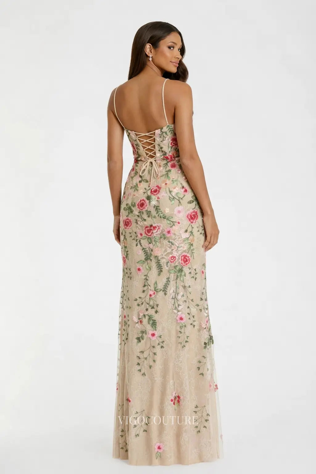 Prom Dresses 2025 to impress Nude Floral Mermaid Evening Dress with Sweetheart Neck & Spaghetti Straps - VG010-vigocouture-vigocouture