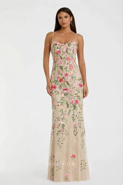 Prom Dresses 2025 to impress Nude Floral Mermaid Evening Dress with Sweetheart Neck & Spaghetti Straps - VG010-vigocouture-vigocouture