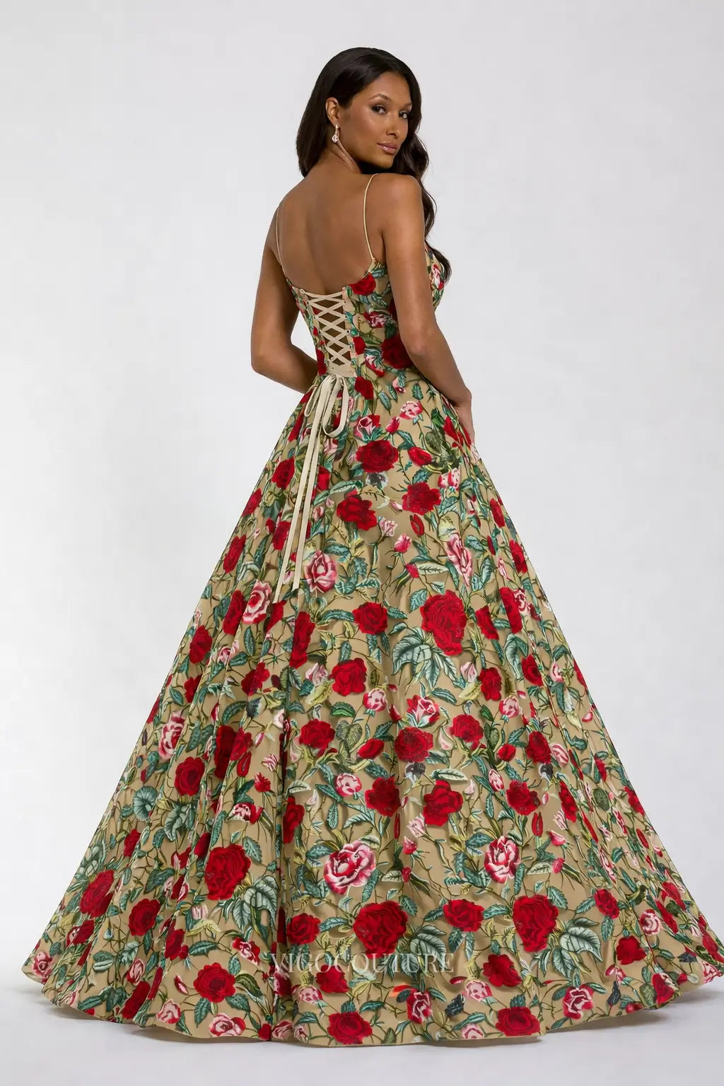 Prom Dresses 2025 to impress Nude Rose Embroidered Ball Gown with Sweetheart Neckline, Spaghetti Strap & Corset Back - VG004-vigocouture-vigocouture