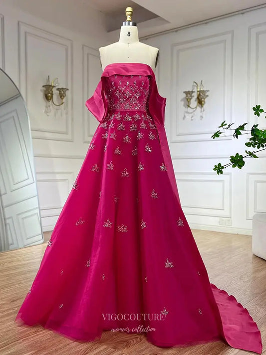 Prom Dresses 2025 to impress Off-Shoulder Beaded Ball Gown with Floral Embellishments - Style 25320-vigocouture-Hot Pink-2-vigocouture