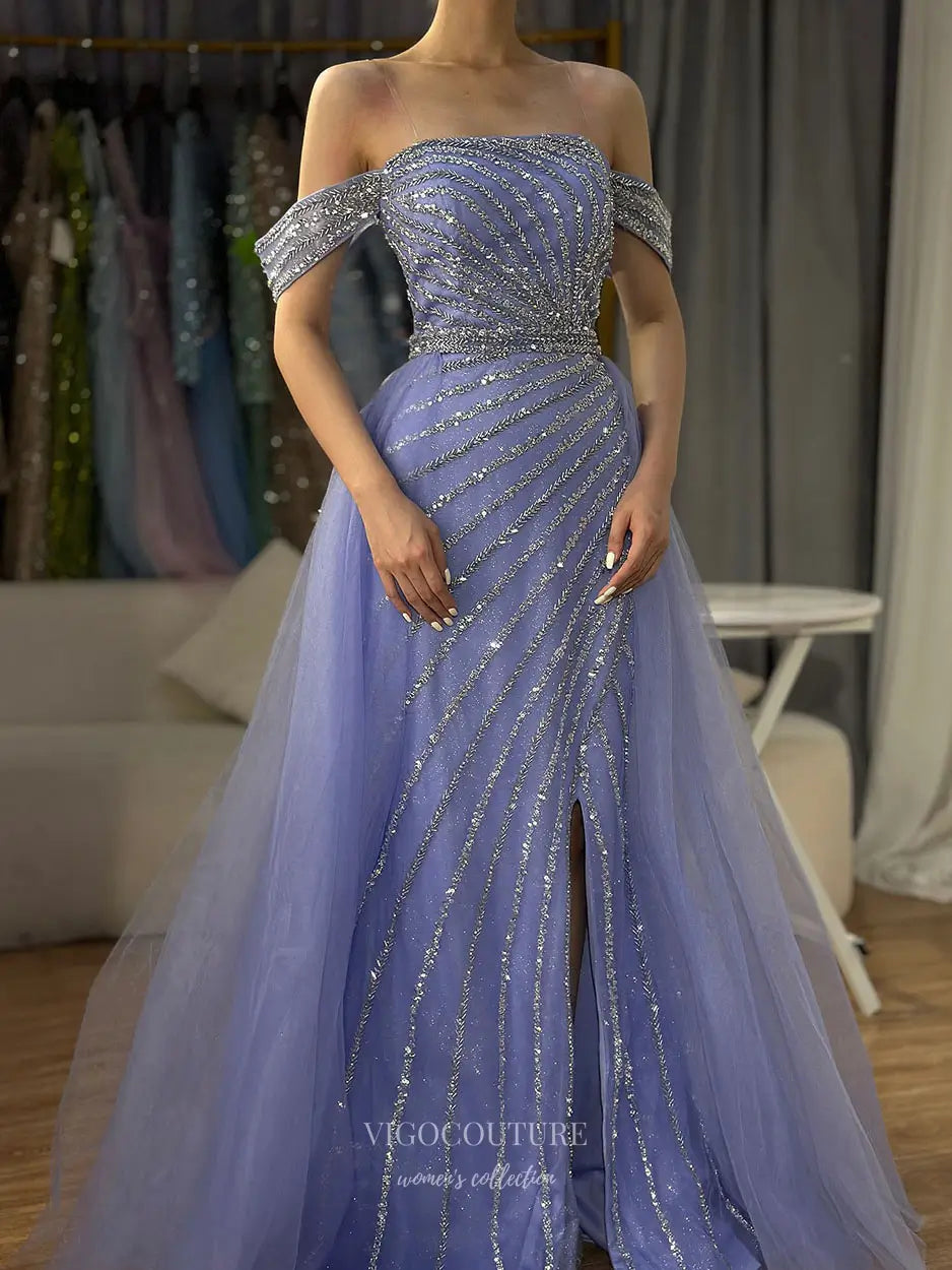 Off-Shoulder Glitter Striped Gown with Tulle Overskirt 25331 Lavender / 6 Off-Shoulder Glitter Striped Gown with Tulle Overskirt 25331 Lavender / 6