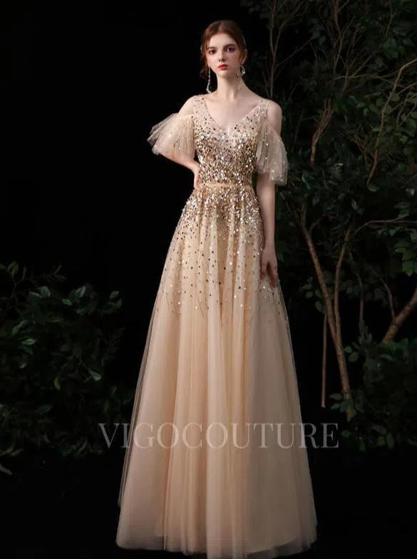Off the Shoulder A-line Prom Dresses V-neck Beaded Evening Dresses 20088 Champagne / US4
