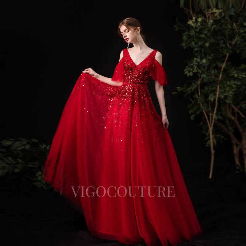 Off the Shoulder A-line Prom Dresses V-neck Beaded Evening Dresses 200 – vigocouture