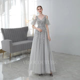 Prom Dress 2025 Off the Shoulder A-line Prom Dresses V-neck Beaded Evening Dresses 20088-unique elegant Prom Dresses-Silver-US2-vigocouture