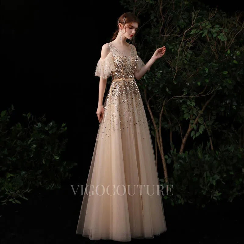 Off the Shoulder A-line Prom Dresses V-neck Beaded Evening Dresses 20088 Champagne / US4 Off the Shoulder A-line Prom Dresses V-neck Beaded Evening Dresses 20088 Champagne / US4