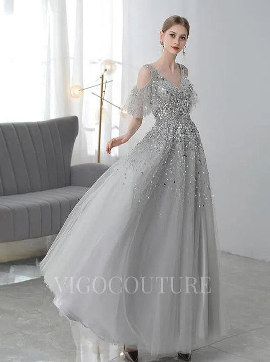 Prom Dress 2025 Off the Shoulder A-line Prom Dresses V-neck Beaded Evening Dresses 20088-unique elegant Prom Dresses-Silver-US2-vigocouture