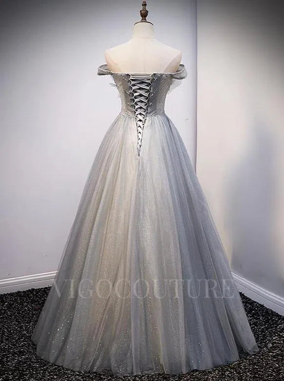 Prom Dress 2025 Off the Shoulder Beaded Prom Dress 2022 A-line Prom Gown-unique elegant Prom Dresses-Grey-US2-vigocouture