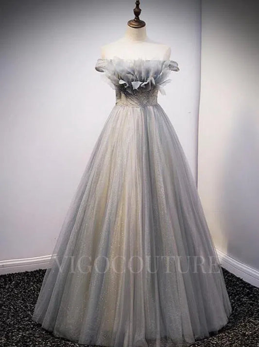 Prom Dress 2025 Off the Shoulder Beaded Prom Dress 2022 A-line Prom Gown-unique elegant Prom Dresses-Grey-US2-vigocouture