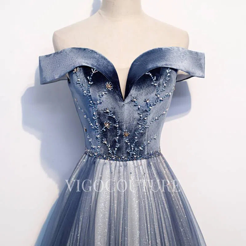 Off the Shoulder Prom Dress Velvet Dusty Blue Prom Gown 20290 vigocouture Off the Shoulder Prom Dress Velvet Dusty Blue Prom Gown 20290 vigocouture