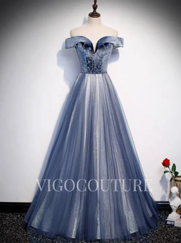 Prom Dress 2025 Off the Shoulder Prom Dress Velvet Dusty Blue Prom Gown 20290-unique elegant Prom Dresses-Dusty Blue-US2-vigocouture