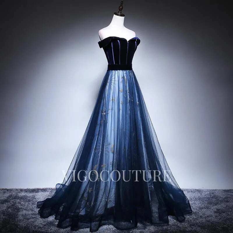 Prom Dress 2025 Off the Shoulder Prom Dresses A-line Lace Prom Gown 20272-unique elegant Prom Dresses-Navy Blue-US2-vigocouture