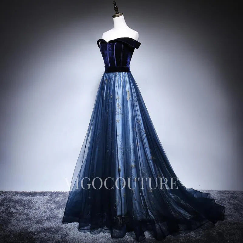 Prom Dress 2025 Off the Shoulder Prom Dresses A-line Lace Prom Gown 20272-unique elegant Prom Dresses-Navy Blue-US2-vigocouture