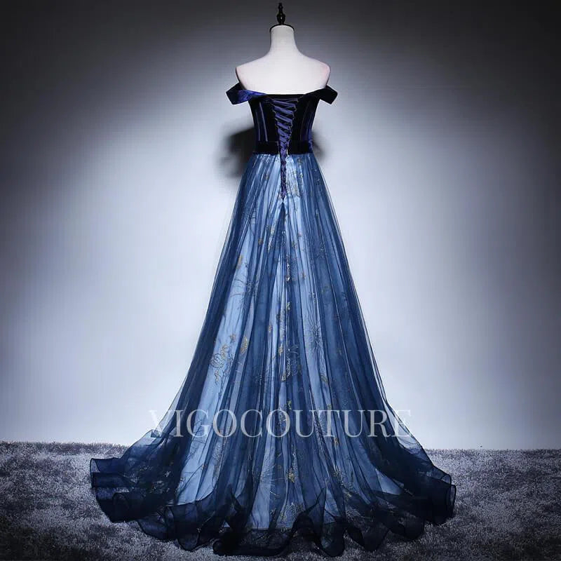 Prom Dress 2025 Off the Shoulder Prom Dresses A-line Lace Prom Gown 20272-unique elegant Prom Dresses-Navy Blue-US2-vigocouture