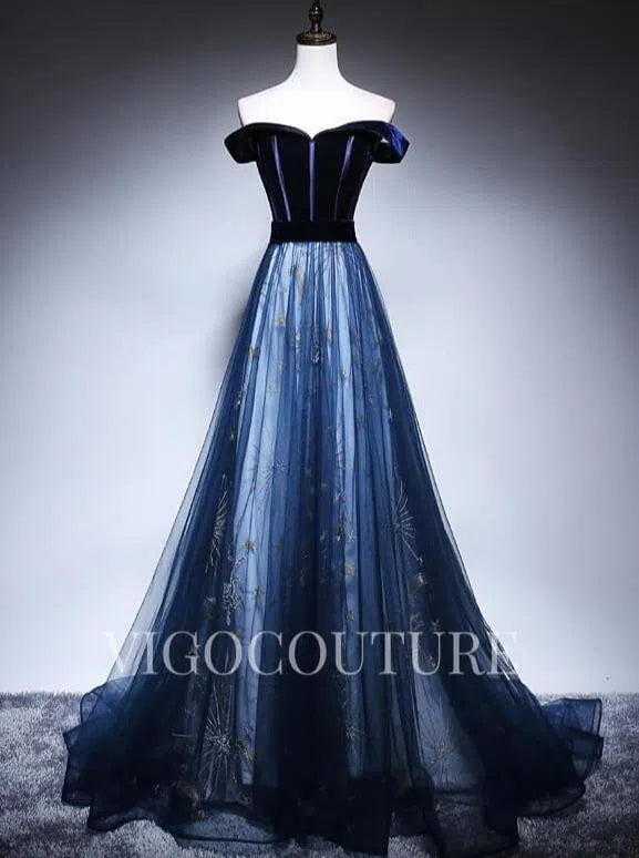 Prom Dress 2025 Off the Shoulder Prom Dresses A-line Lace Prom Gown 20272-unique elegant Prom Dresses-Navy Blue-US2-vigocouture