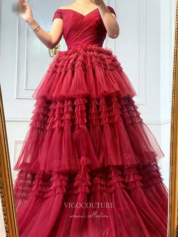 Prom Dress 2025 Off the Shoulder Prom Dresses Tiered Formal Dresses 21271-unique elegant Prom Dresses-Red-US2-vigocouture