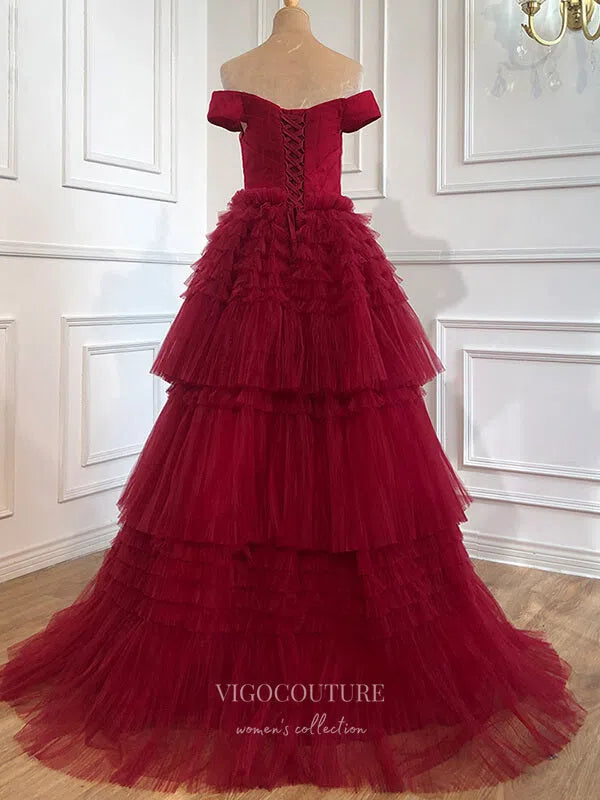 Prom Dress 2025 Off the Shoulder Prom Dresses Tiered Formal Dresses 21271-unique elegant Prom Dresses-Red-US2-vigocouture