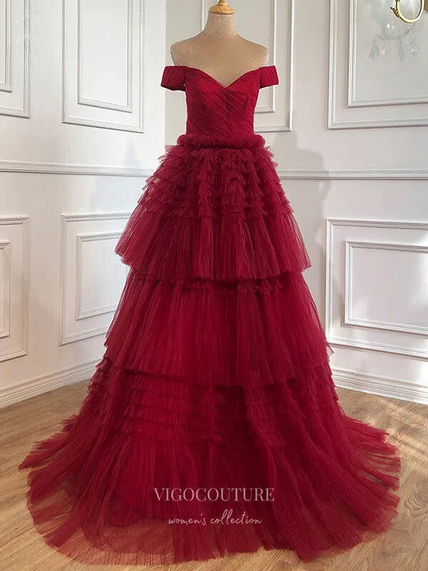 Prom Dress 2025 Off the Shoulder Prom Dresses Tiered Formal Dresses 21271-unique elegant Prom Dresses-Red-US2-vigocouture