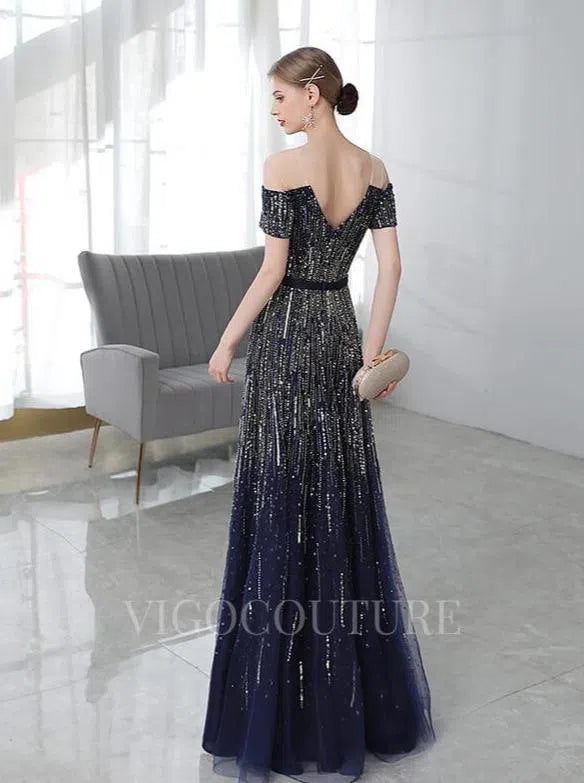 Prom Dress 2025 Off the Shoulder Prom Gown A-line Plunging V-Neck Prom Dresses 20149-unique elegant Prom Dresses-Navy Blue-US2-vigocouture