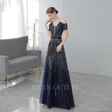 Prom Dress 2025 Off the Shoulder Prom Gown A-line Plunging V-Neck Prom Dresses 20149-unique elegant Prom Dresses-Navy Blue-US2-vigocouture