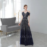 Prom Dress 2025 Off the Shoulder Prom Gown A-line Plunging V-Neck Prom Dresses 20149-unique elegant Prom Dresses-Navy Blue-US2-vigocouture