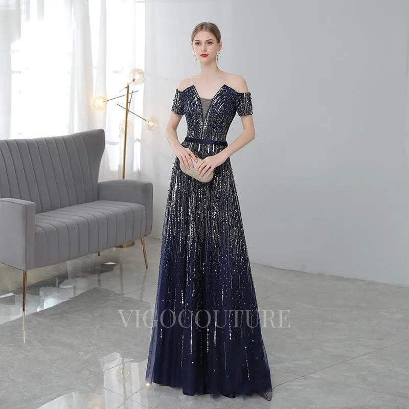 Prom Dress 2025 Off the Shoulder Prom Gown A-line Plunging V-Neck Prom Dresses 20149-unique elegant Prom Dresses-Navy Blue-US2-vigocouture