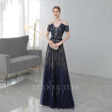 Prom Dress 2025 Off the Shoulder Prom Gown A-line Plunging V-Neck Prom Dresses 20149-unique elegant Prom Dresses-Navy Blue-US2-vigocouture