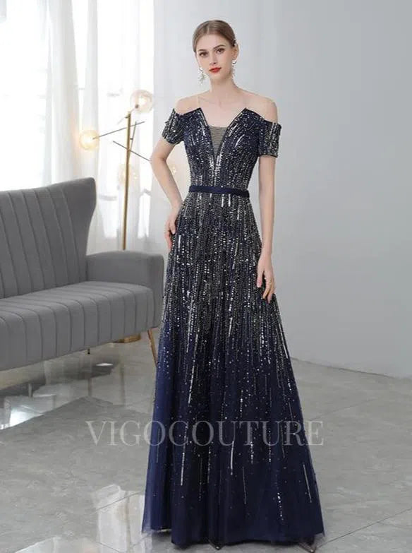 Prom Dress 2025 Off the Shoulder Prom Gown A-line Plunging V-Neck Prom Dresses 20149-unique elegant Prom Dresses-Navy Blue-US2-vigocouture