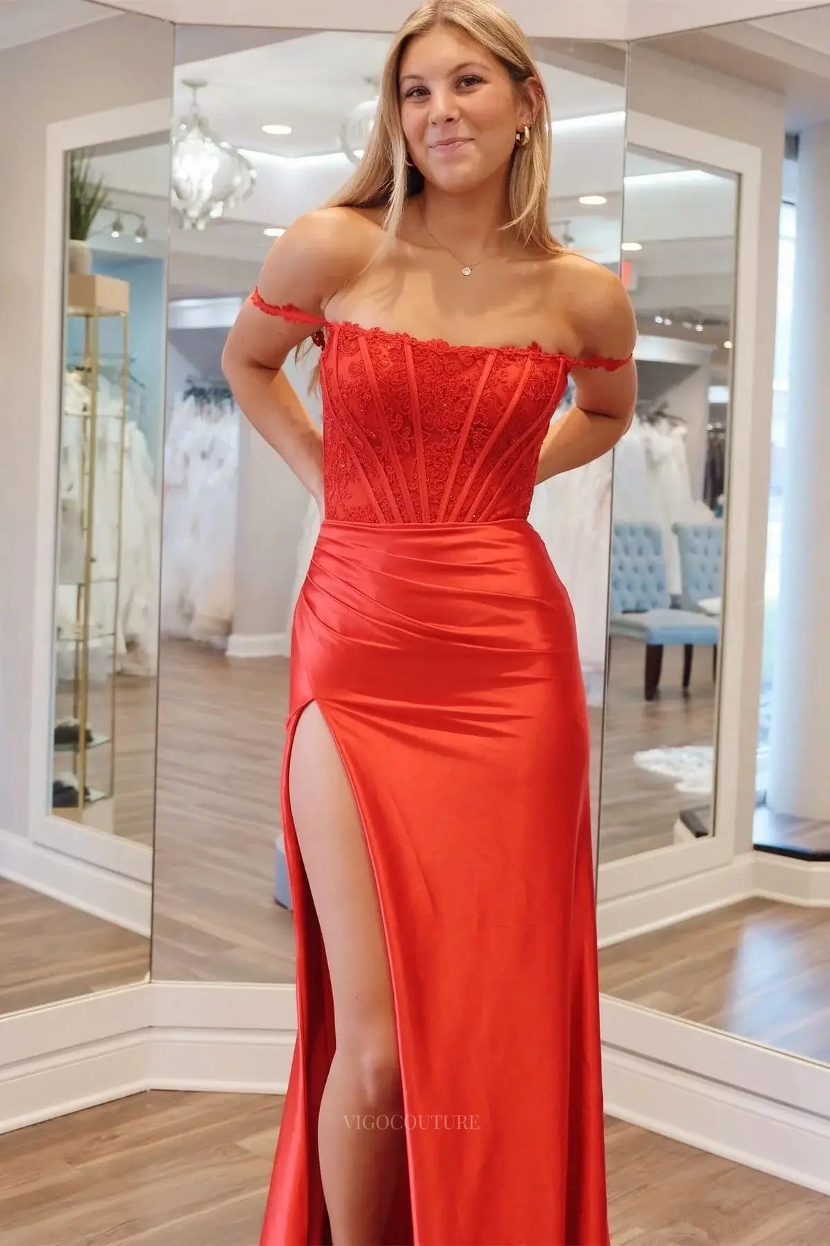 Prom Dresses 2025 to impress Off the Shoulder Satin Mermaid Prom Dresses 2025 Lace Formal Dress with Slit – 25138-vigocouture-Orange-Custom Size-vigocouture