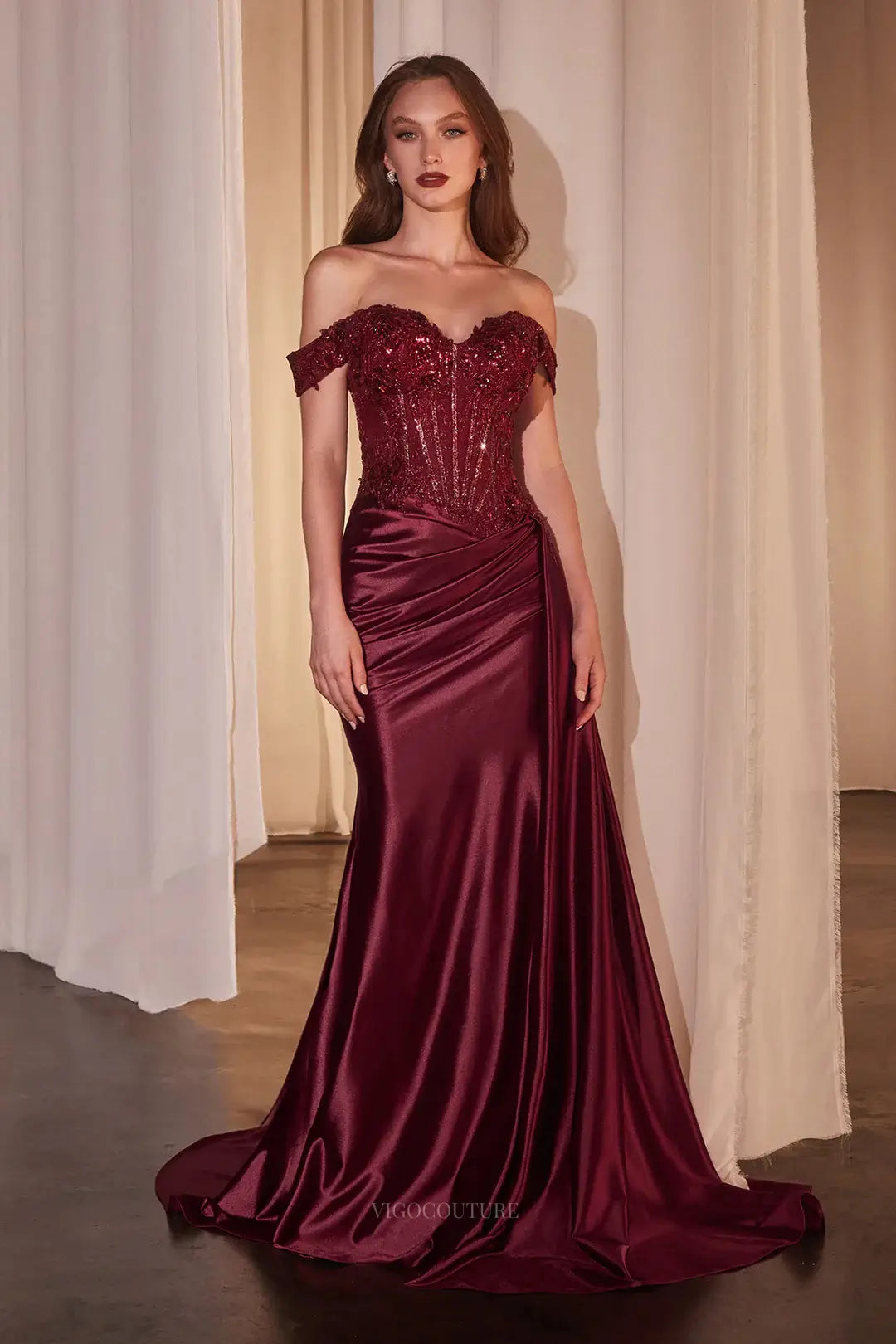 Prom Dresses 2025 to impress Off the Shoulder Satin Prom Dresses with Slit Sheath Sparkly Lace Formal Dress – 25168-vigocouture-Burgundy-Custom Size-vigocouture