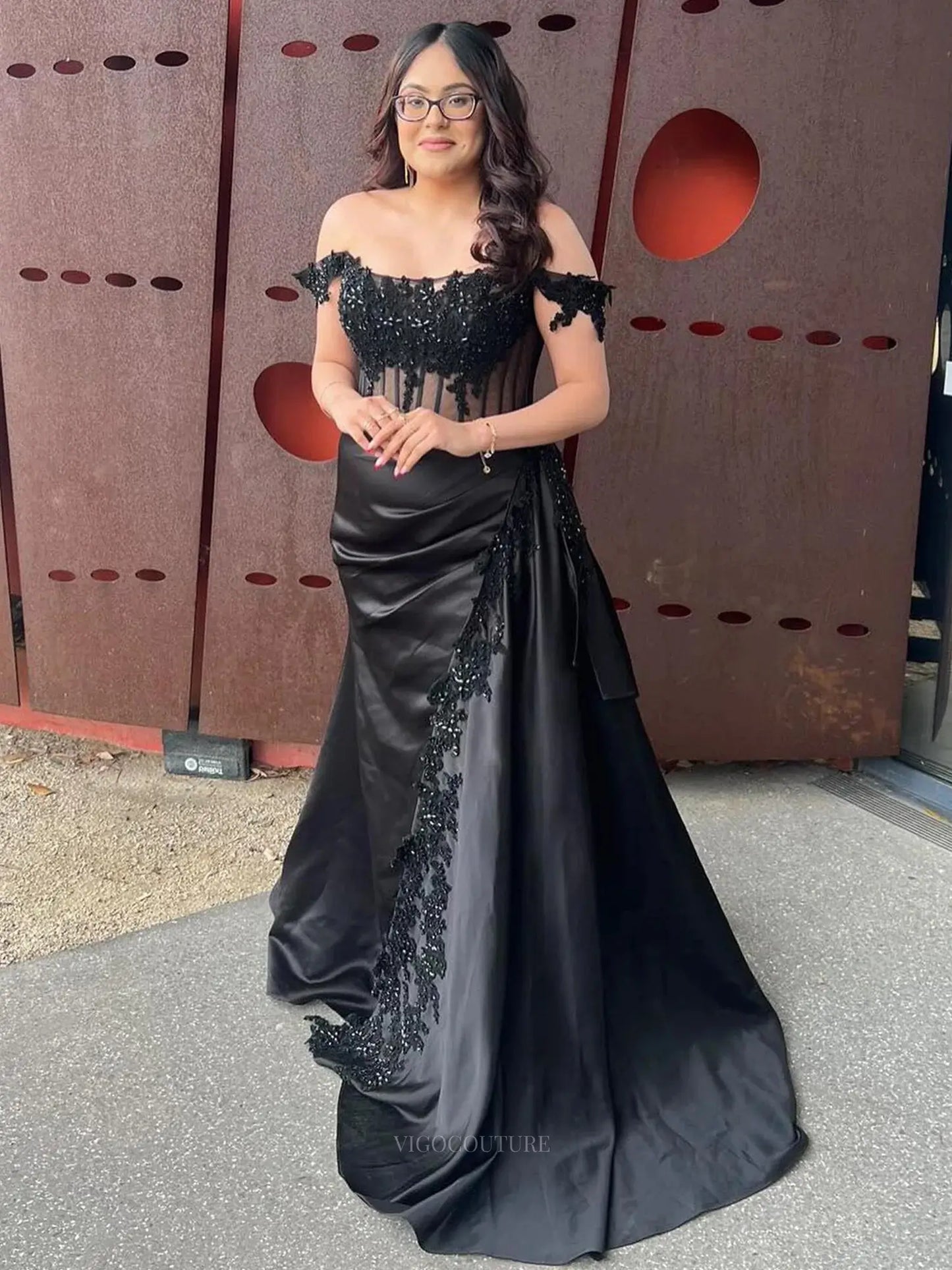 Prom Dresses 2025 to impress Off the Shoulder Satin Sheath Prom Dresses with Slit Sheer Boned Bdice Formal Dresses – 25161-vigocouture-Black-Custom Size-vigocouture