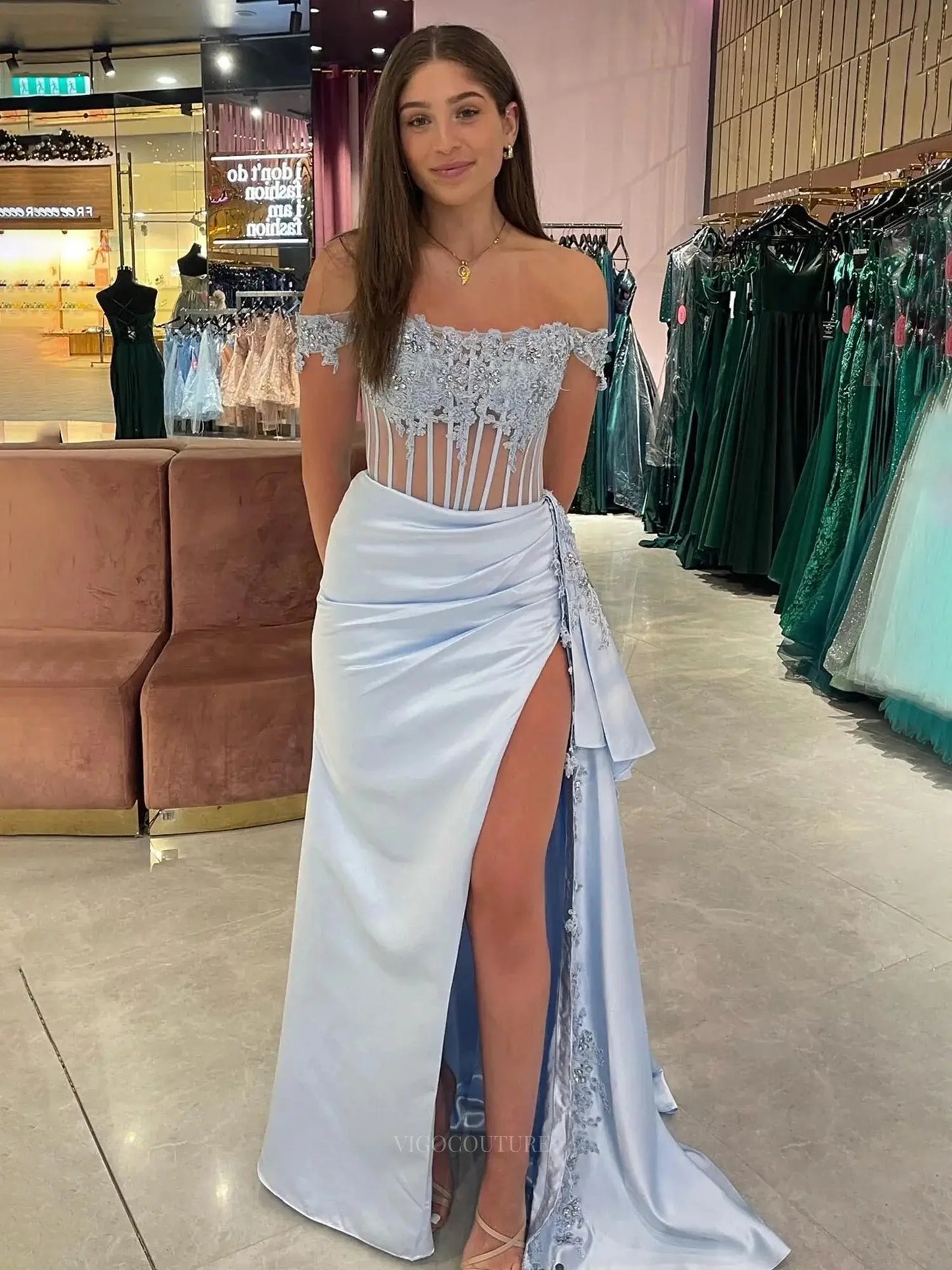 Prom Dresses 2025 to impress Off the Shoulder Satin Sheath Prom Dresses with Slit Sheer Boned Bdice Formal Dresses – 25161-vigocouture-Dusty Blue-Custom Size-vigocouture