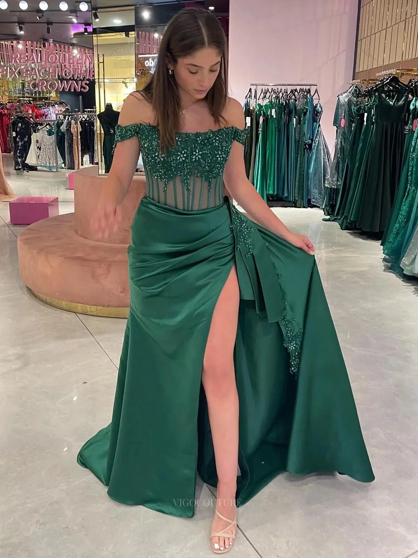 Prom Dresses 2025 to impress Off the Shoulder Satin Sheath Prom Dresses with Slit Sheer Boned Bdice Formal Dresses – 25161-vigocouture-vigocouture