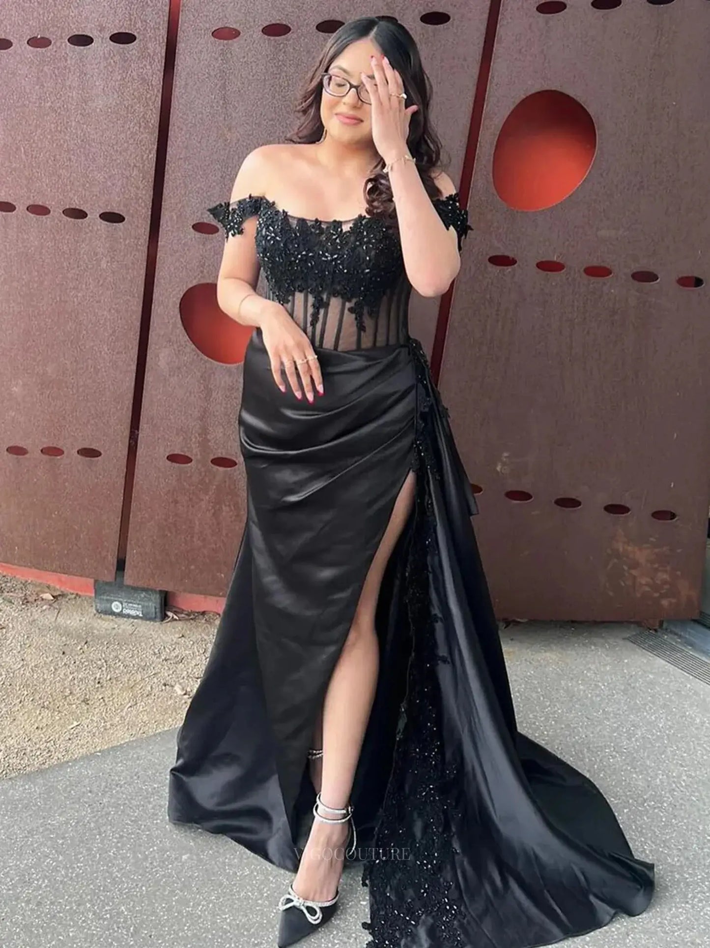 Prom Dresses 2025 to impress Off the Shoulder Satin Sheath Prom Dresses with Slit Sheer Boned Bdice Formal Dresses – 25161-vigocouture-vigocouture