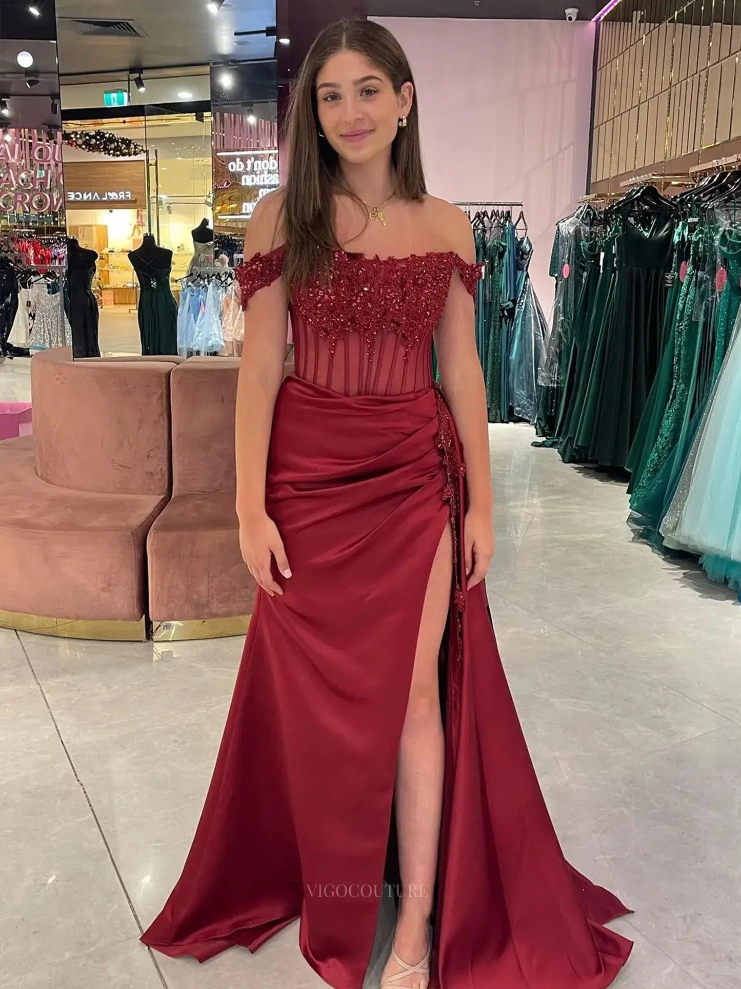 Prom Dresses 2025 to impress Off the Shoulder Satin Sheath Prom Dresses with Slit Sheer Boned Bdice Formal Dresses – 25161-vigocouture-Red-Custom Size-vigocouture