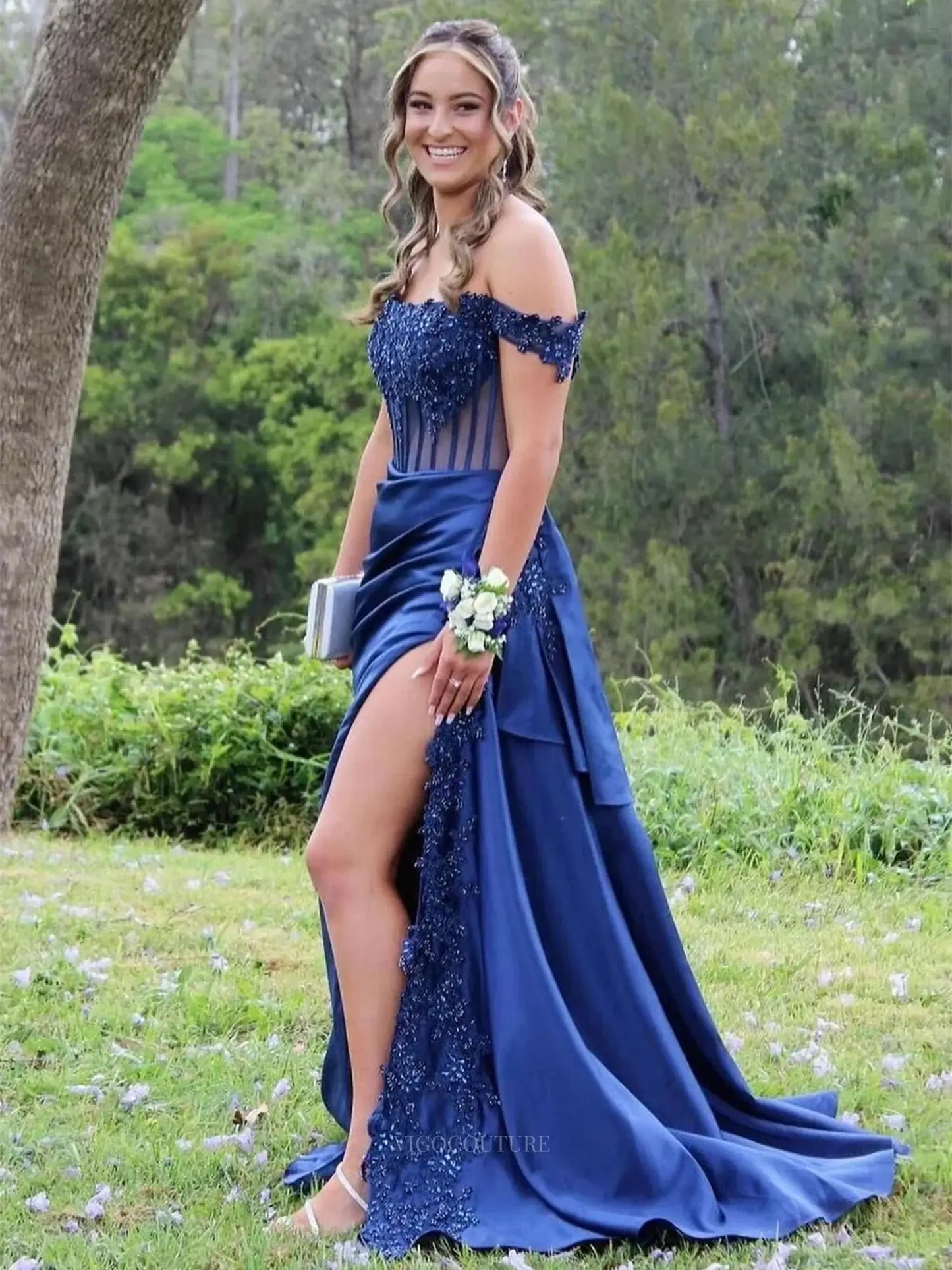 Prom Dresses 2025 to impress Off the Shoulder Satin Sheath Prom Dresses with Slit Sheer Boned Bdice Formal Dresses – 25161-vigocouture-Royal Blue-Custom Size-vigocouture