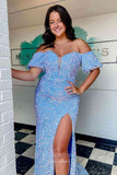 Prom Dress 2025 Off the Shoulder Sequin Prom Dresses with Slit Mermaid Evening Dress 21797-unique elegant Prom Dresses-Light Blue-US2-vigocouture