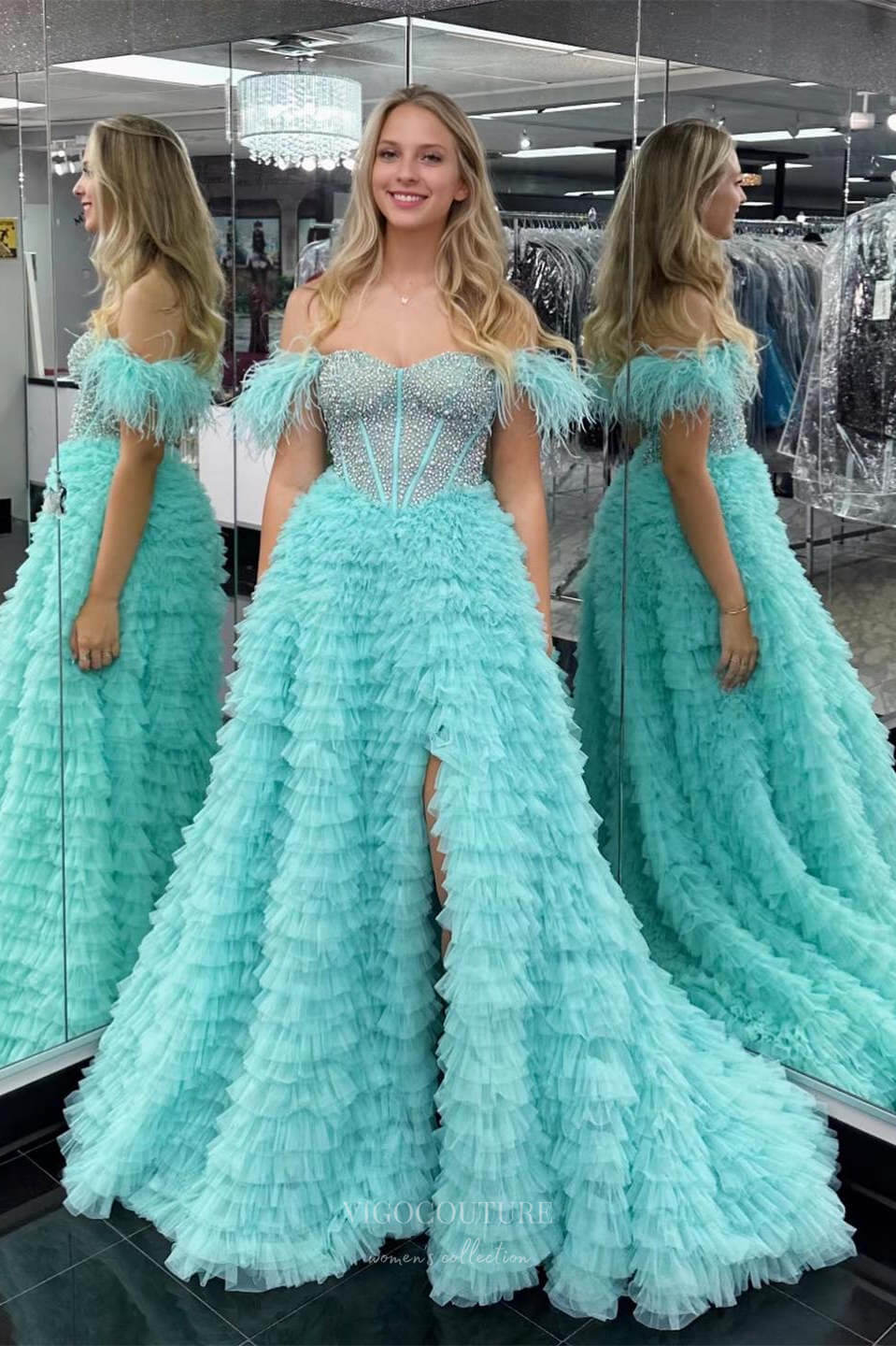 Prom Dress 2025 Off the Shoulder Tiered Ruffled Prom Dresses with Slit Feather Beaded Boned Bodice 24332-unique elegant Prom Dresses-Aqua-Custom Size-vigocouture