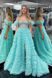 Off the Shoulder Tiered Ruffled Prom Dresses with Slit Feather Beaded Boned Bodice 24332