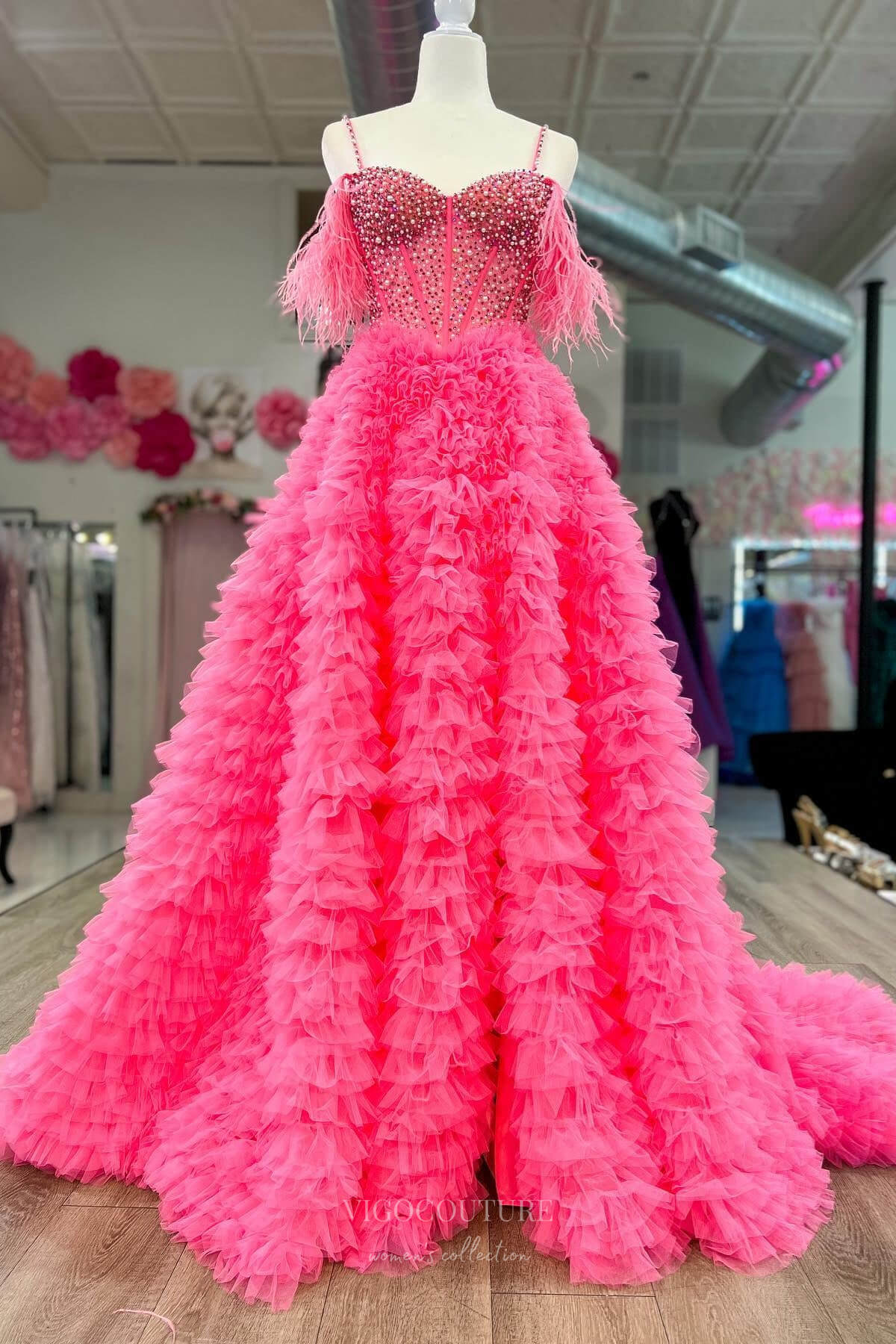 Prom Dress 2025 Off the Shoulder Tiered Ruffled Prom Dresses with Slit Feather Beaded Boned Bodice 24332-unique elegant Prom Dresses-Hot Pink-Custom Size-vigocouture