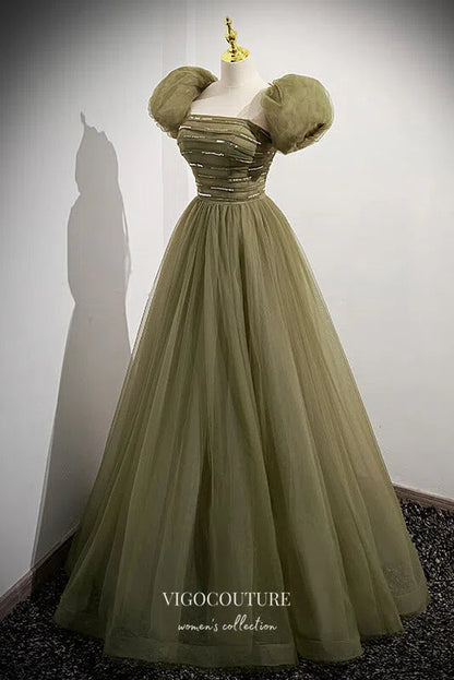Olive Green Formal Dress Removable Puffed Sleeve Prom Dresses 21659