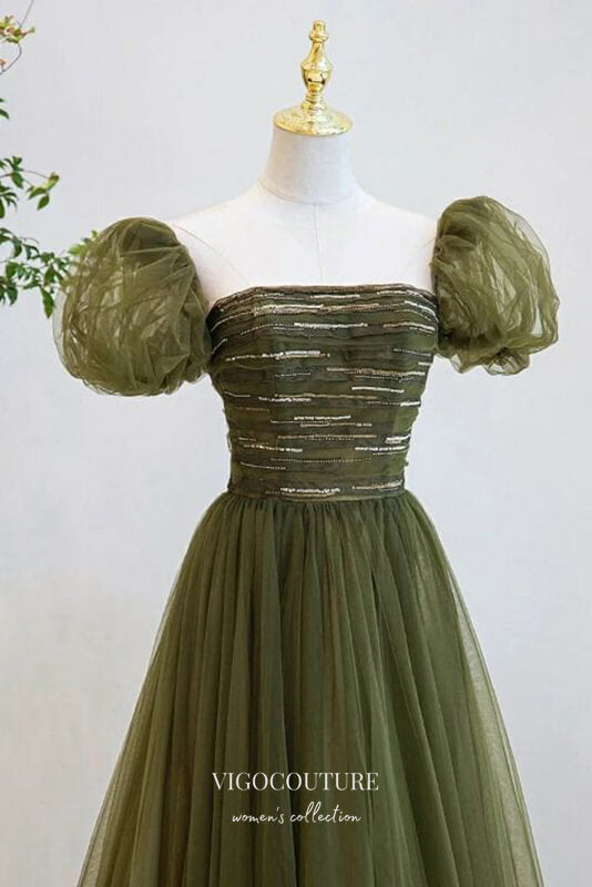 Prom Dress 2025 Olive Green Puffed Sleeve Formal Dress A-Line Tulle Prom Dresses 21639-unique elegant Prom Dresses-Green-US2-vigocouture