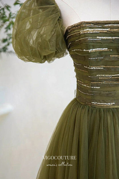 Prom Dress 2025 Olive Green Puffed Sleeve Formal Dress A-Line Tulle Prom Dresses 21639-unique elegant Prom Dresses-Green-US2-vigocouture