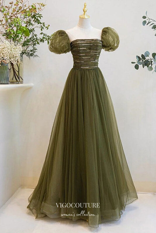 Prom Dress 2025 Olive Green Puffed Sleeve Formal Dress A-Line Tulle Prom Dresses 21639-unique elegant Prom Dresses-Green-US2-vigocouture