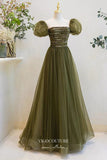 Olive Green Puffed Sleeve Formal Dress A-Line Tulle Prom Dresses 21639