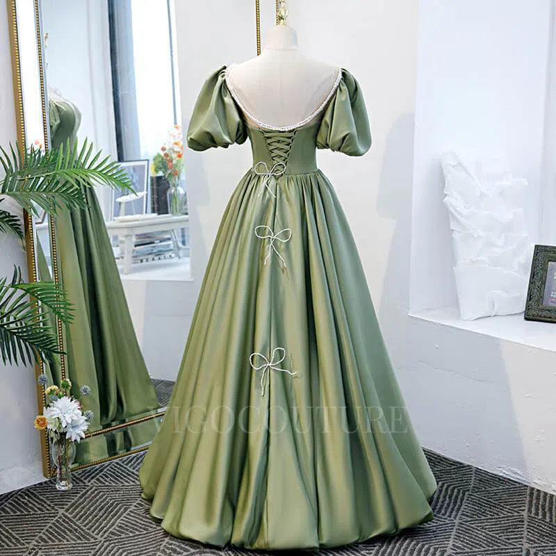 Prom Dress 2025 Olive Green Puffed Sleeve Prom Dress 20360-unique elegant Prom Dresses-Olive-US2-vigocouture