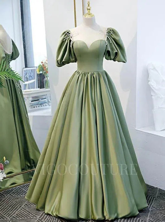 Prom Dress 2025 Olive Green Puffed Sleeve Prom Dress 20360-unique elegant Prom Dresses-Olive-US2-vigocouture