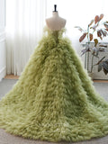 Prom Dress 2025 Olive Green Ruffled Tulle Strapless Prom Ball Gown with Feathers 22331-unique elegant Prom Dresses-Olive-Custom Size-vigocouture