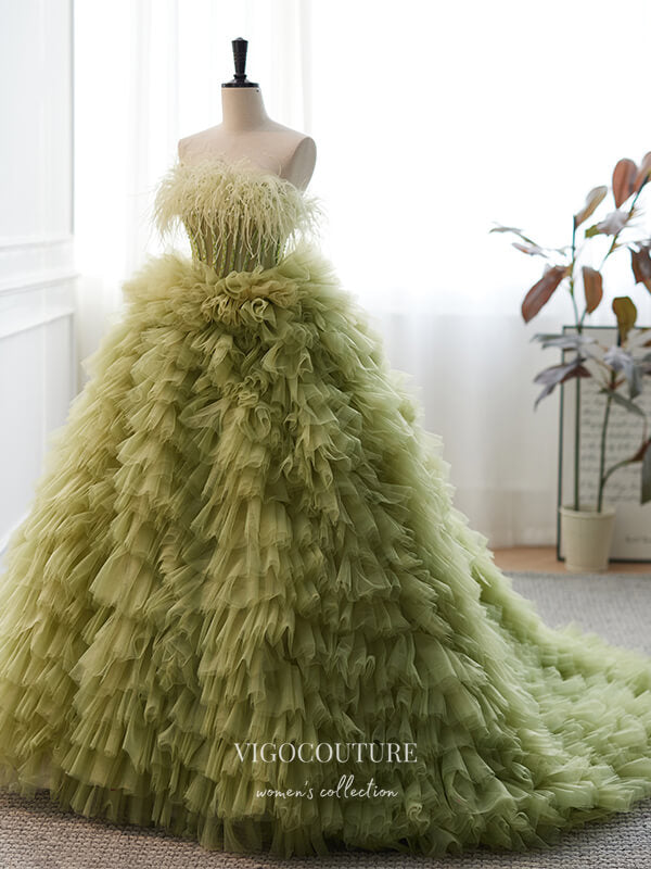 Prom Dress 2025 Olive Green Ruffled Tulle Strapless Prom Ball Gown with Feathers 22331-unique elegant Prom Dresses-Olive-Custom Size-vigocouture