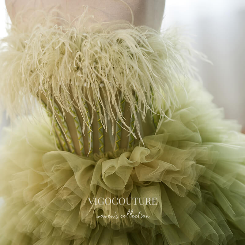 Prom Dress 2025 Olive Green Ruffled Tulle Strapless Prom Ball Gown with Feathers 22331-unique elegant Prom Dresses-Olive-Custom Size-vigocouture